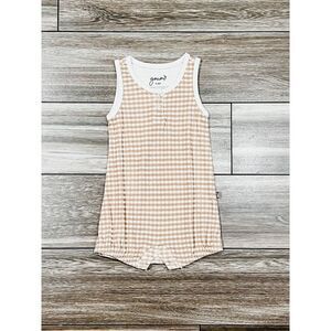 NEW Goumi Kids Bamboo Tan White Gingham Picnic Sleeveless Romper Size 3-6M